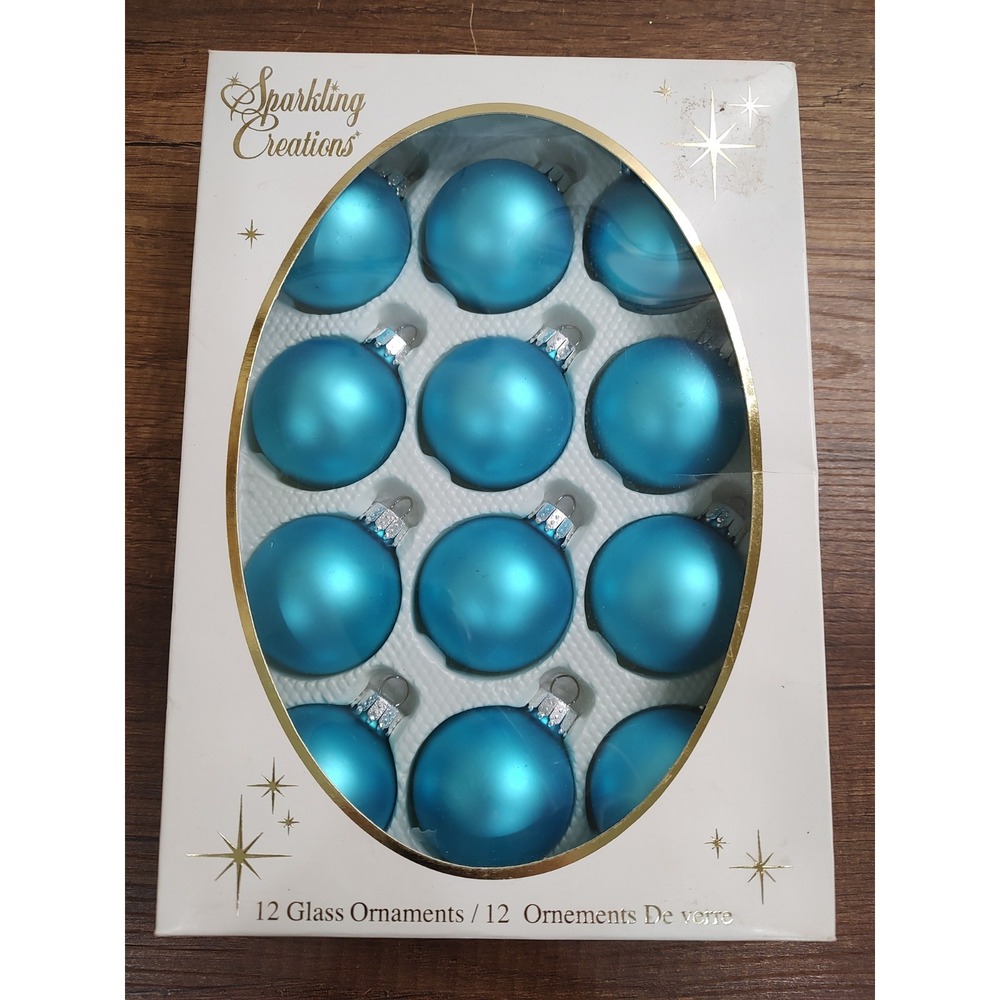 Vtg Sparkling Creations 12 Glass Ball Christmas Ornaments Teal Satin Finish O58